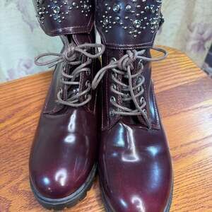 MIA Burgundy Studded Fold-Patent Leather Combat‎ Boots Size 10